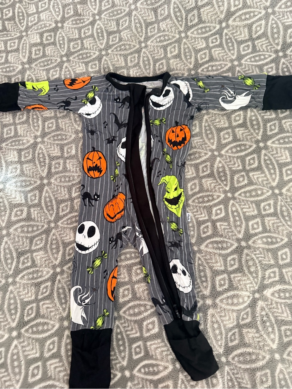 Disney Jack Skellington Halloween Footed One-Piece Pajama - Gray/Orange/Green